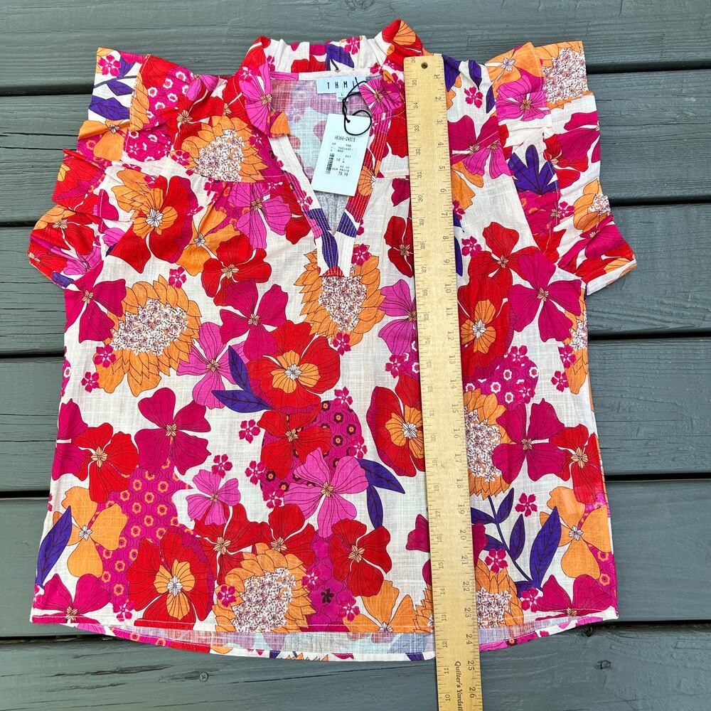 THML Pink Purple Orange Flower Short Sleeve Tunic Blouse Collar Linen Blend Lrg - Picture 6 of 8